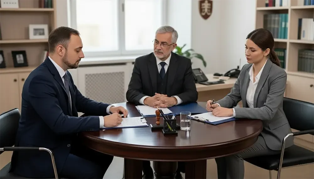 Gerald Pons en una mesa redonda delante del notario y de la cliente firmando unas escrituras