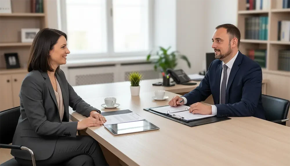 Gerald Pons En su despacho hablando con una cliente